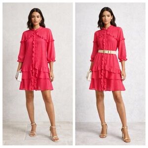 Saloni Tilly Pink Swiss Dot Ruffle Shirt Dress Belted UK 6 US 2 Designer Mini